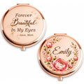 Personalized rose gold compact mirror with birth flower wreath, name and quote