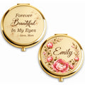 Gold personalized birth flower compact mirror with name and quote sides