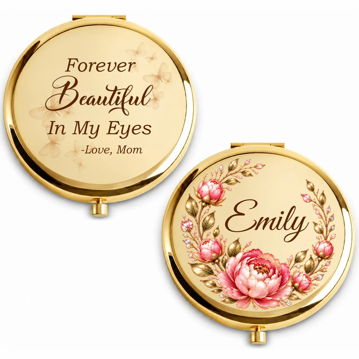 Gold personalized birth flower compact mirror with name and quote sides