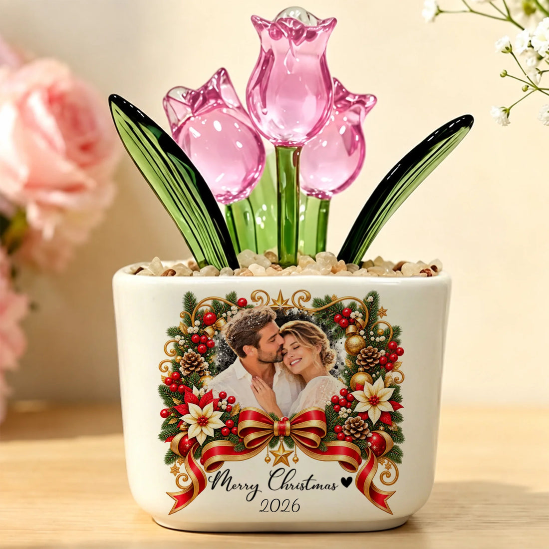 Personalized Christmas glass tulip pot with pink tulips and photo wreath