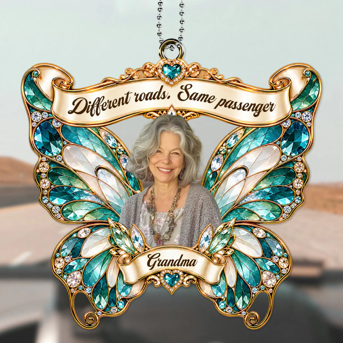 Green jeweled butterfly memorial car hanger with grandma photo and Different roads quote