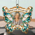 Green jeweled butterfly memorial car hanger with grandma photo and Different roads quote