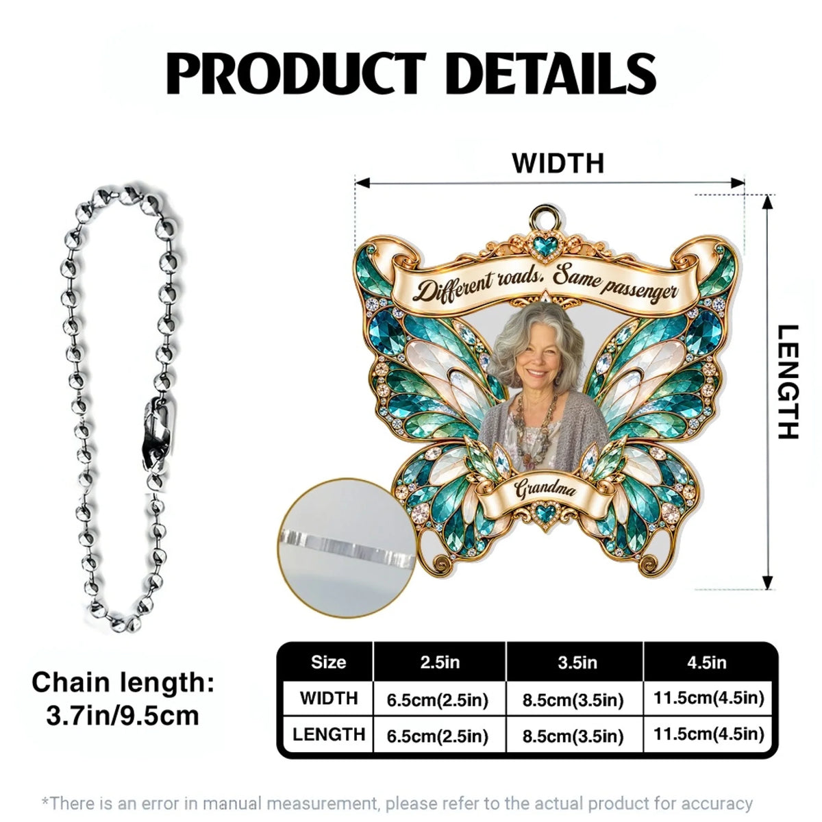 Product details showing butterfly car hanger sizes and ball chain length