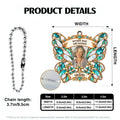 Product details showing butterfly cross car hanger sizes and ball chain length