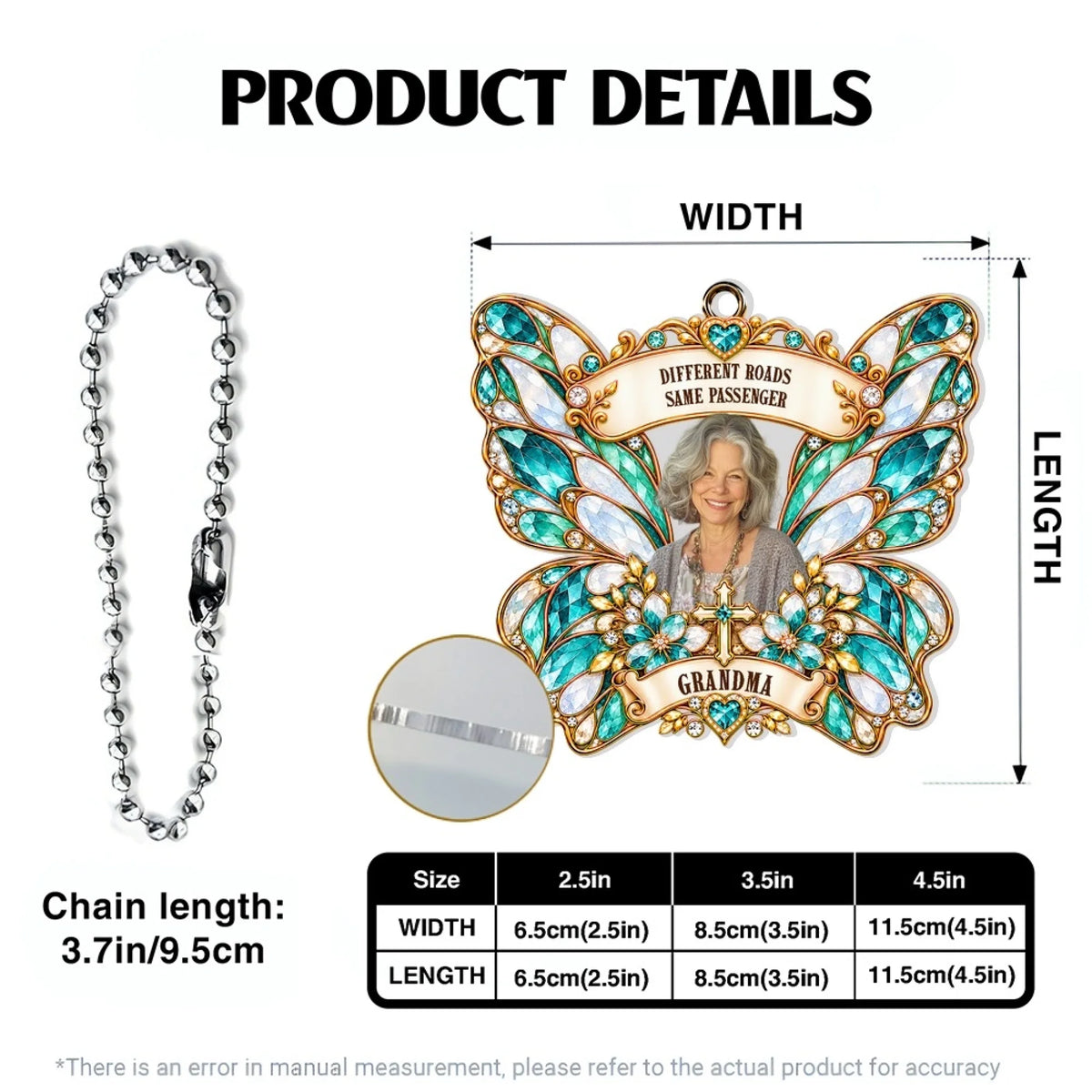 Product details showing butterfly cross car hanger sizes and ball chain length
