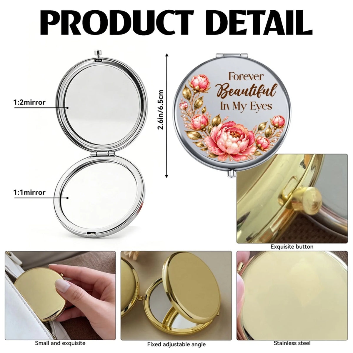 Product detail of compact mirror with regular and magnifying mirrors and size