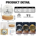 Product detail chart showing globe sizes, wooden base and three light colors