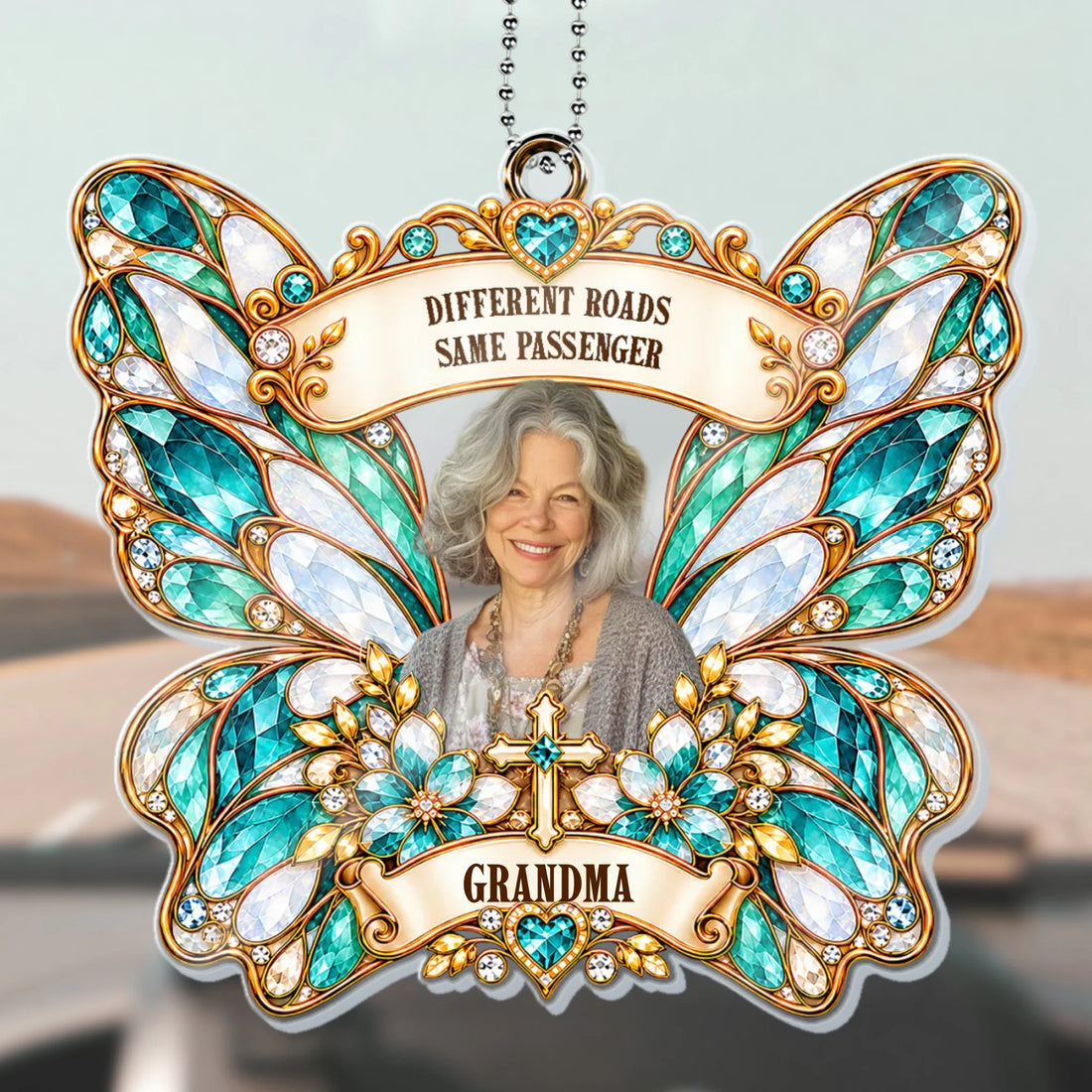 Green butterfly memorial car hanger with cross, grandma photo and Different Roads quote