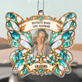 Green butterfly memorial car hanger with cross, grandma photo and Different Roads quote
