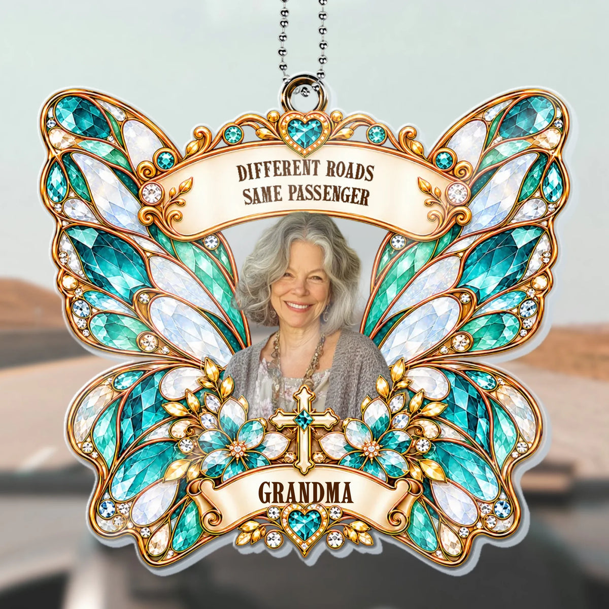 Green butterfly memorial car hanger with cross, grandma photo and Different Roads quote