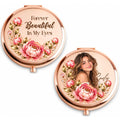 Rose gold birth flower compact mirror with quote side and photo portrait side