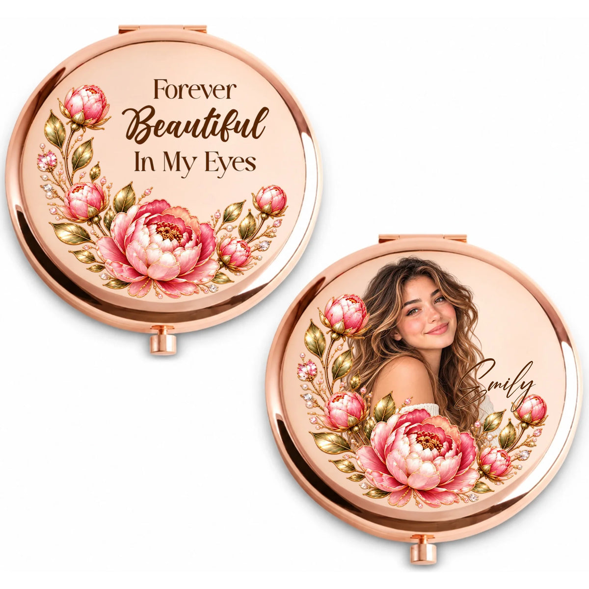 Rose gold birth flower compact mirror with quote side and photo portrait side