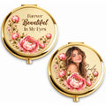 Gold personalized compact mirror with birth flower quote and photo with name