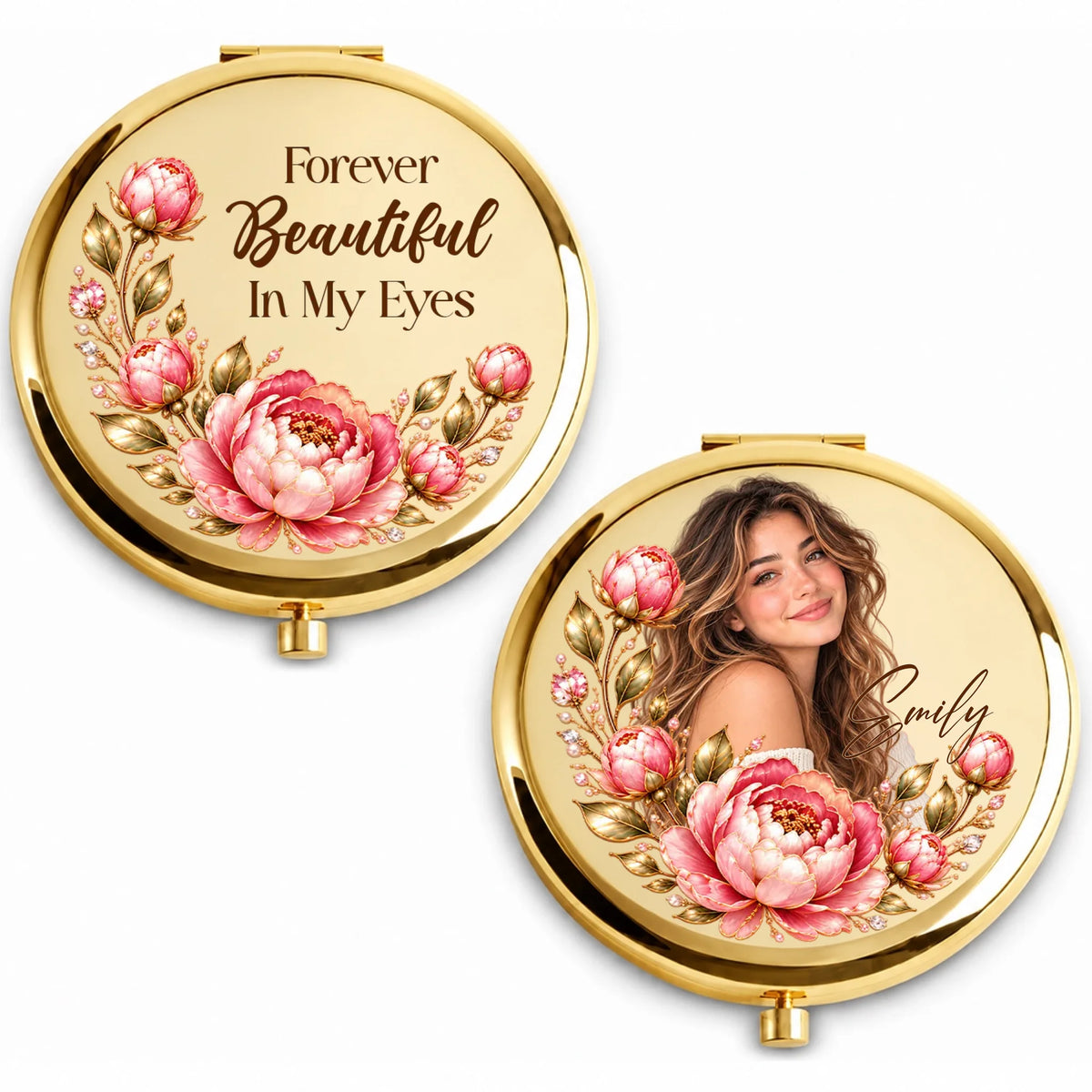 Gold personalized compact mirror with birth flower quote and photo with name