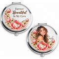 Silver personalized compact mirror with birth flower quote and photo with name