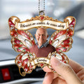 Red jeweled butterfly memorial car hanger with photo hanging from rearview mirror