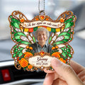 Green marigold butterfly memorial car hanger with photo, name and years in car