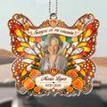 Orange butterfly memorial car hanger with marigolds and Siempre en mi corazón quote