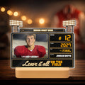 Senior Night scoreboard lamp with stadium lights on a wooden LED base