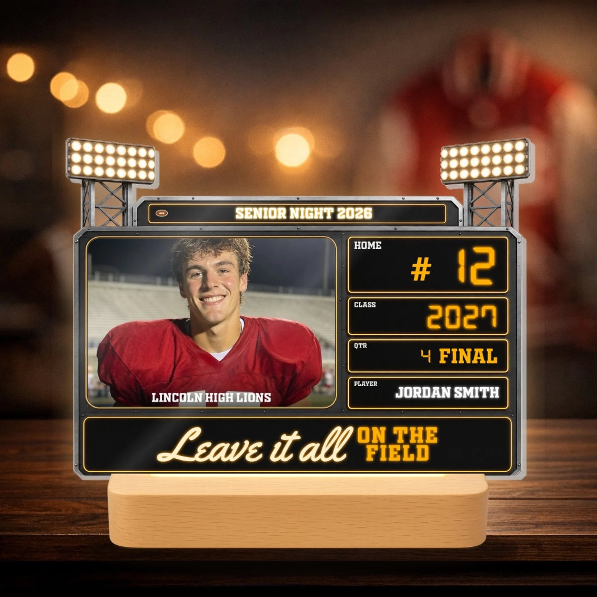 Senior Night scoreboard lamp with stadium lights on a wooden LED base