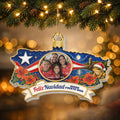 Personalized Puerto Rico Christmas ornament with family photo hanging on a lit tree
