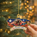 Personalized Puerto Rico family photo ornament held up against a Christmas tree