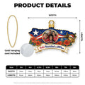 Puerto Rico ornament size chart with gold hanging cord and acrylic detail