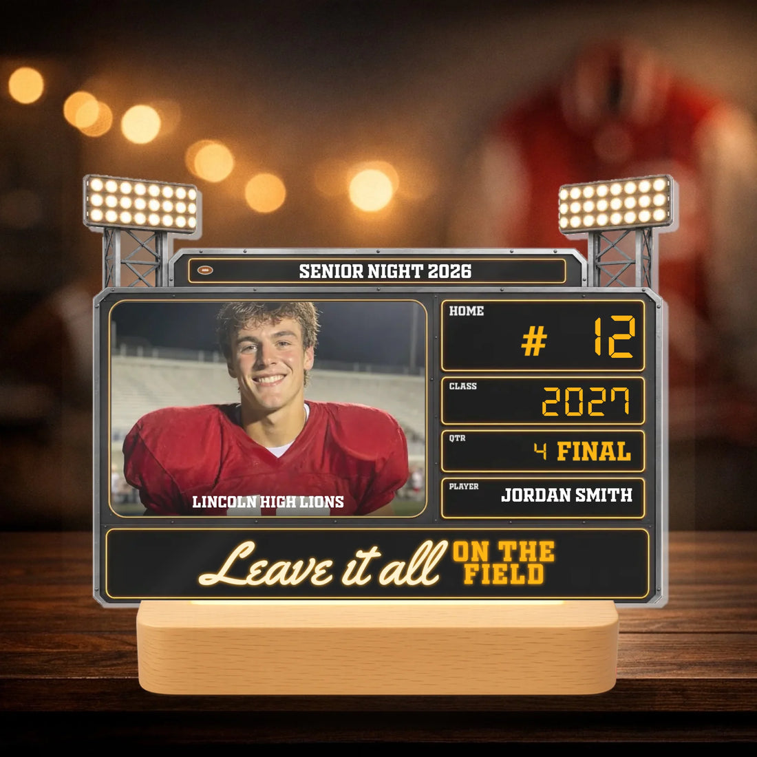 Personalized Senior Night scoreboard LED lamp with athlete photo and jersey number