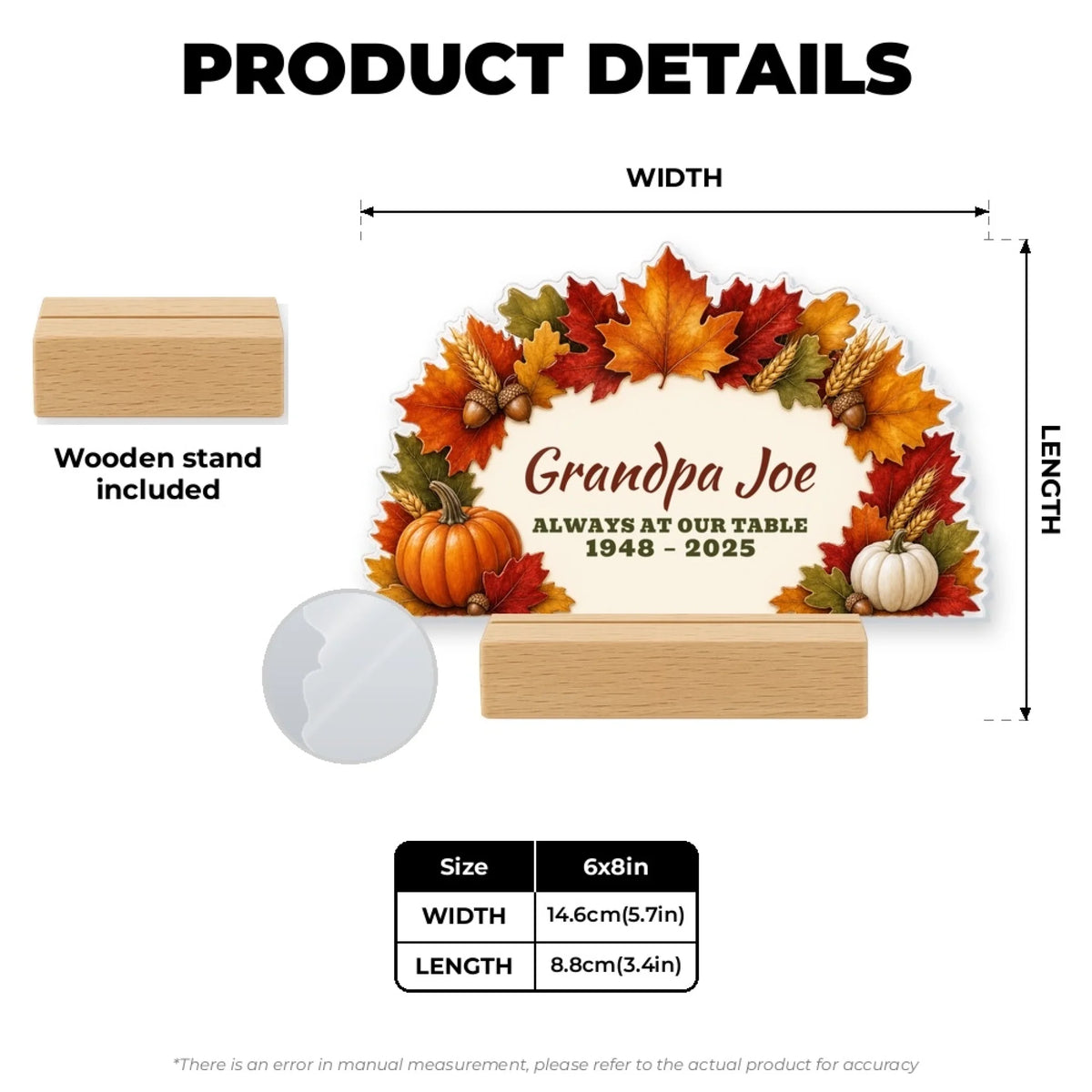 Thanksgiving memorial table sign size chart with wooden stand included