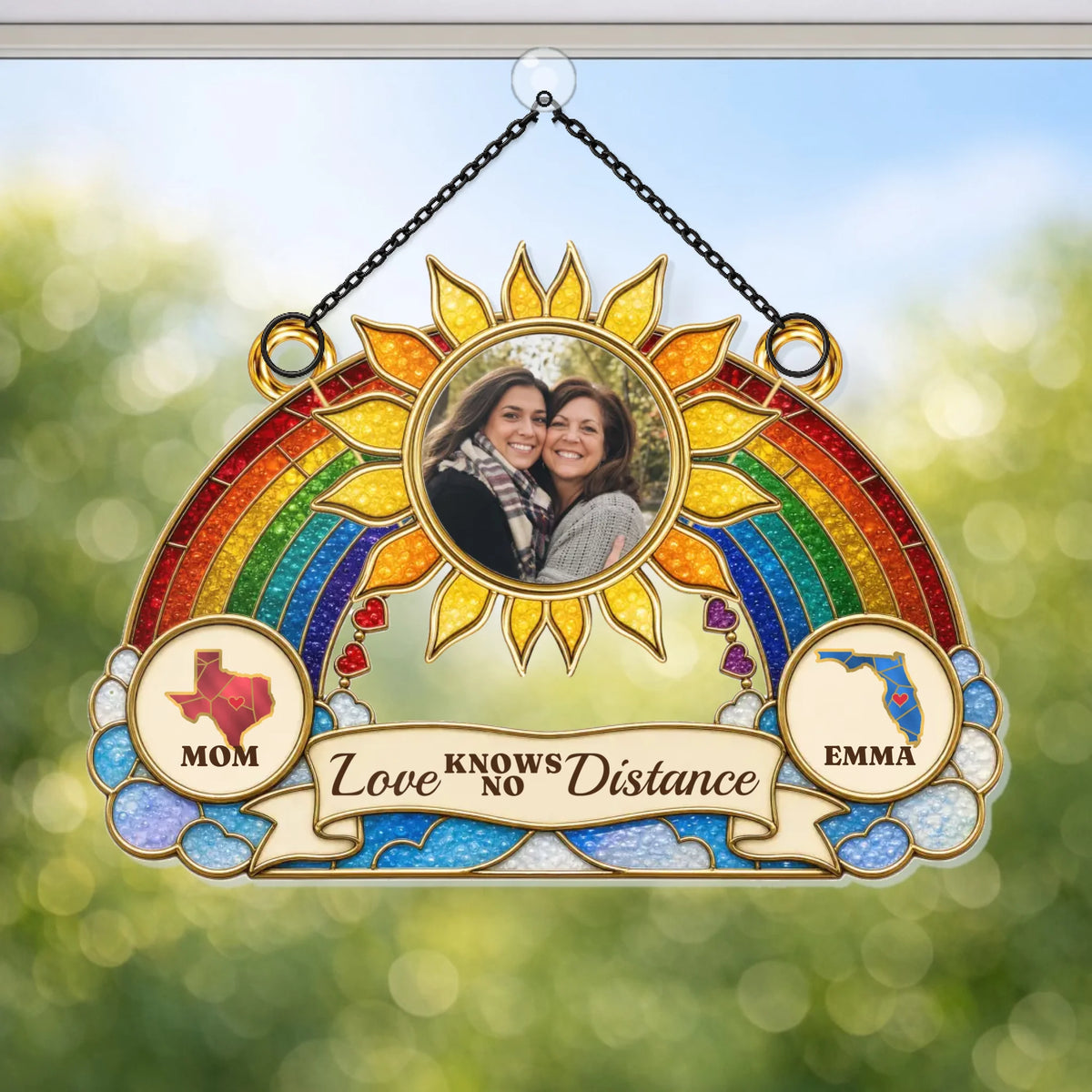 Personalized long distance suncatcher with two states and photo on a window