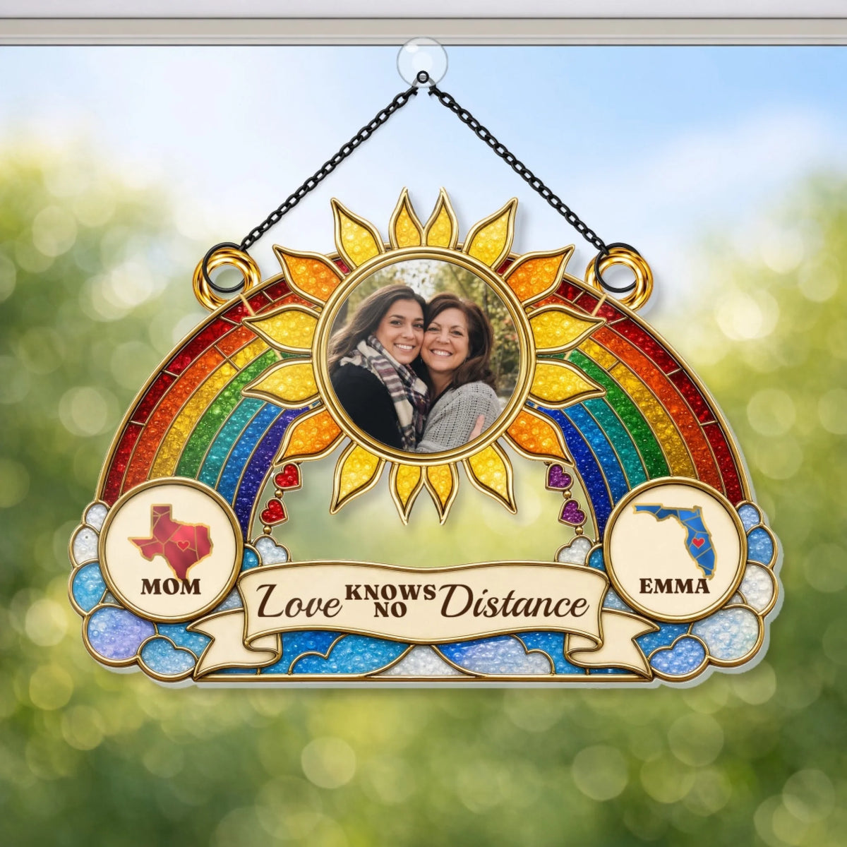 Rainbow and sunburst state suncatcher with mom and daughter photo in window light