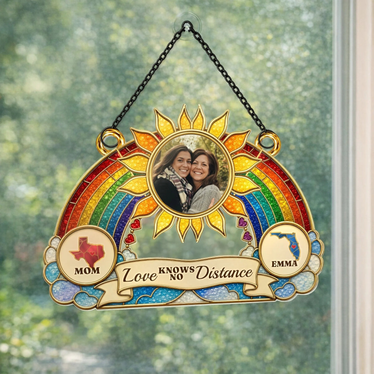 Long distance family suncatcher hanging by chain and suction cup on glass