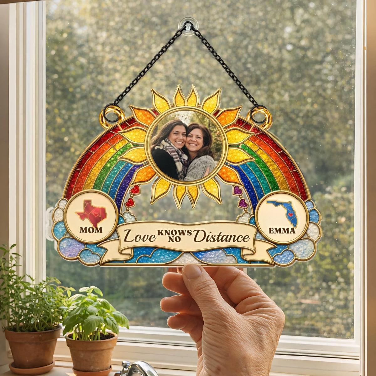 Hand holding a two states rainbow suncatcher in front of a kitchen window