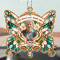 Green butterfly memorial car hanger with grandma photo, open hands and blossoms