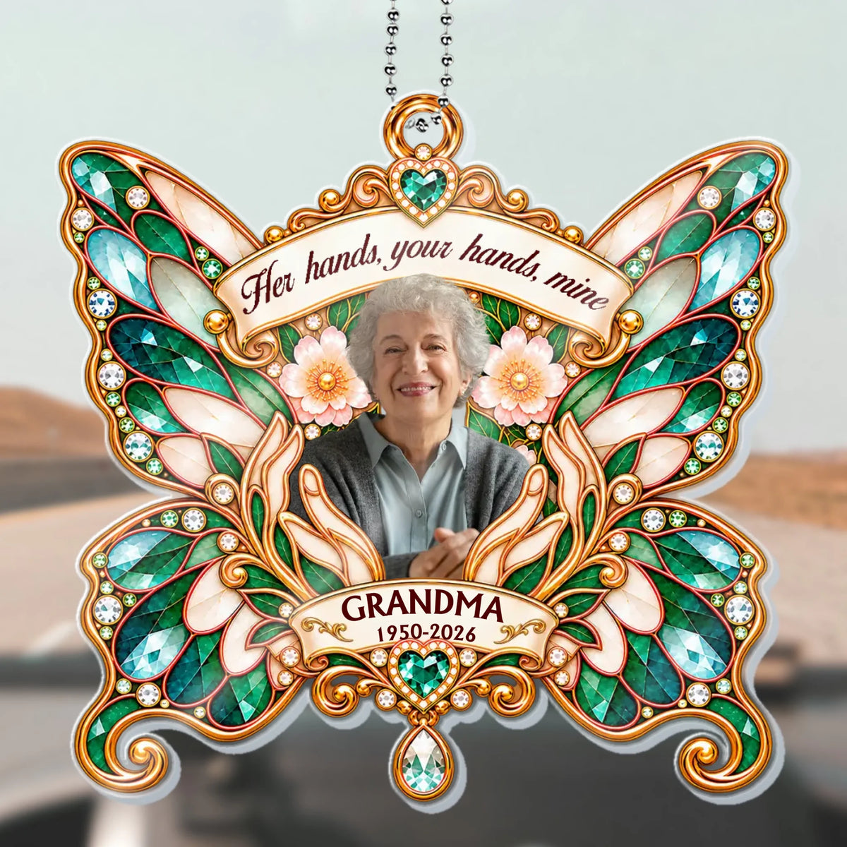 Green butterfly memorial car hanger with grandma photo, open hands and blossoms