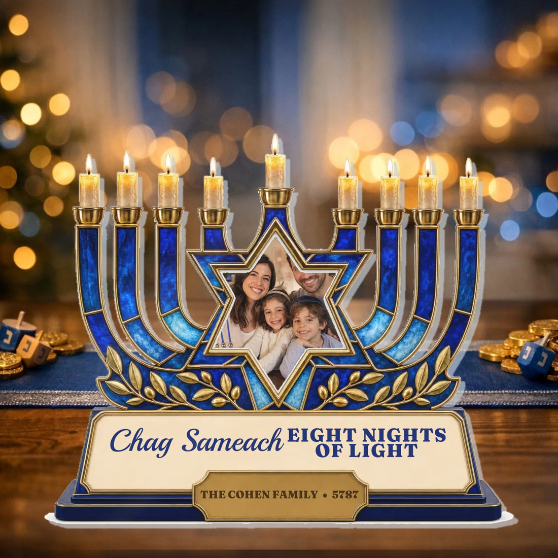 Personalized Hanukkah menorah acrylic plaque with family photo in Star of David