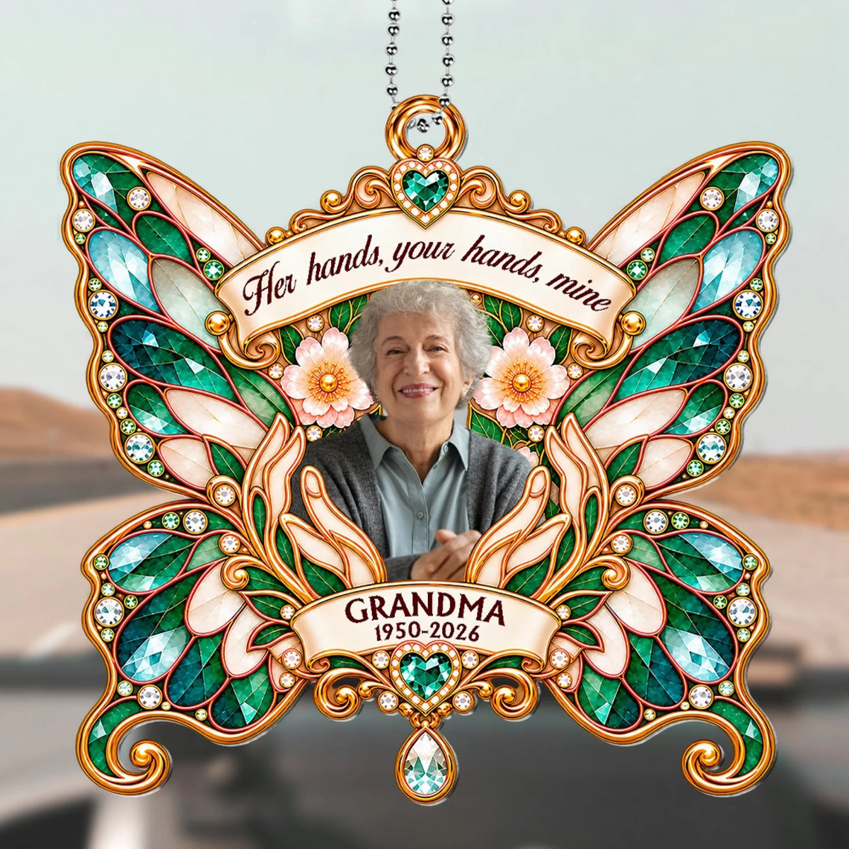 Memorial butterfly car hanger with Her hands, your hands, mine quote and photo
