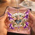 Purple butterfly memorial car hanger with Flowers Fade quote in a gift box