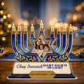 Blue and gold menorah plaque with Chag Sameach quote and family name