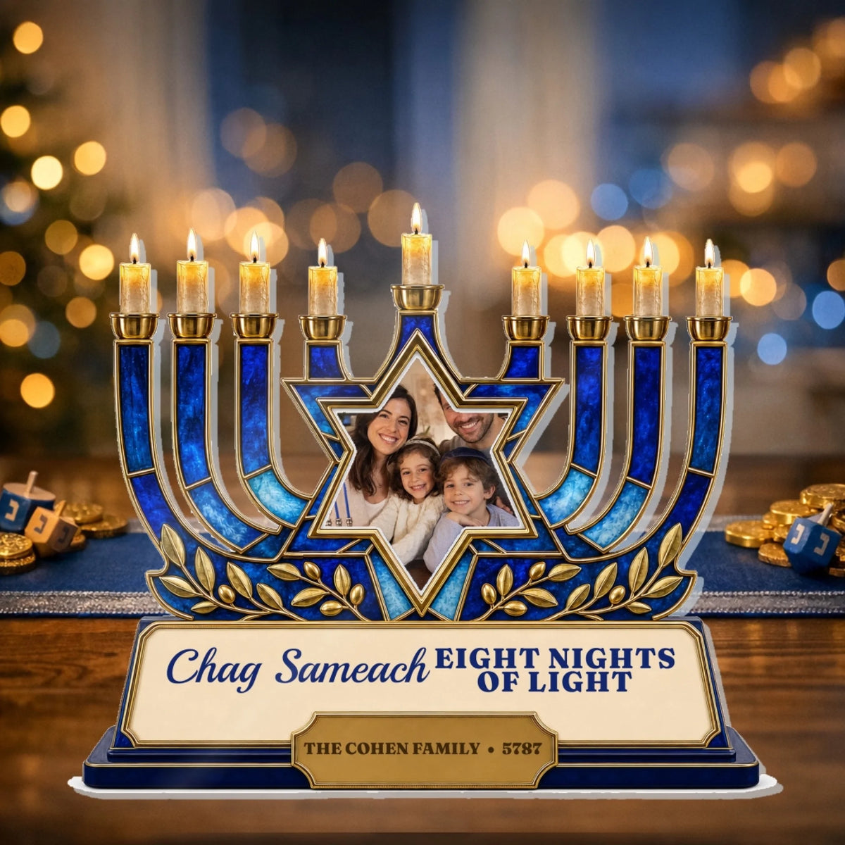 Blue and gold menorah plaque with Chag Sameach quote and family name