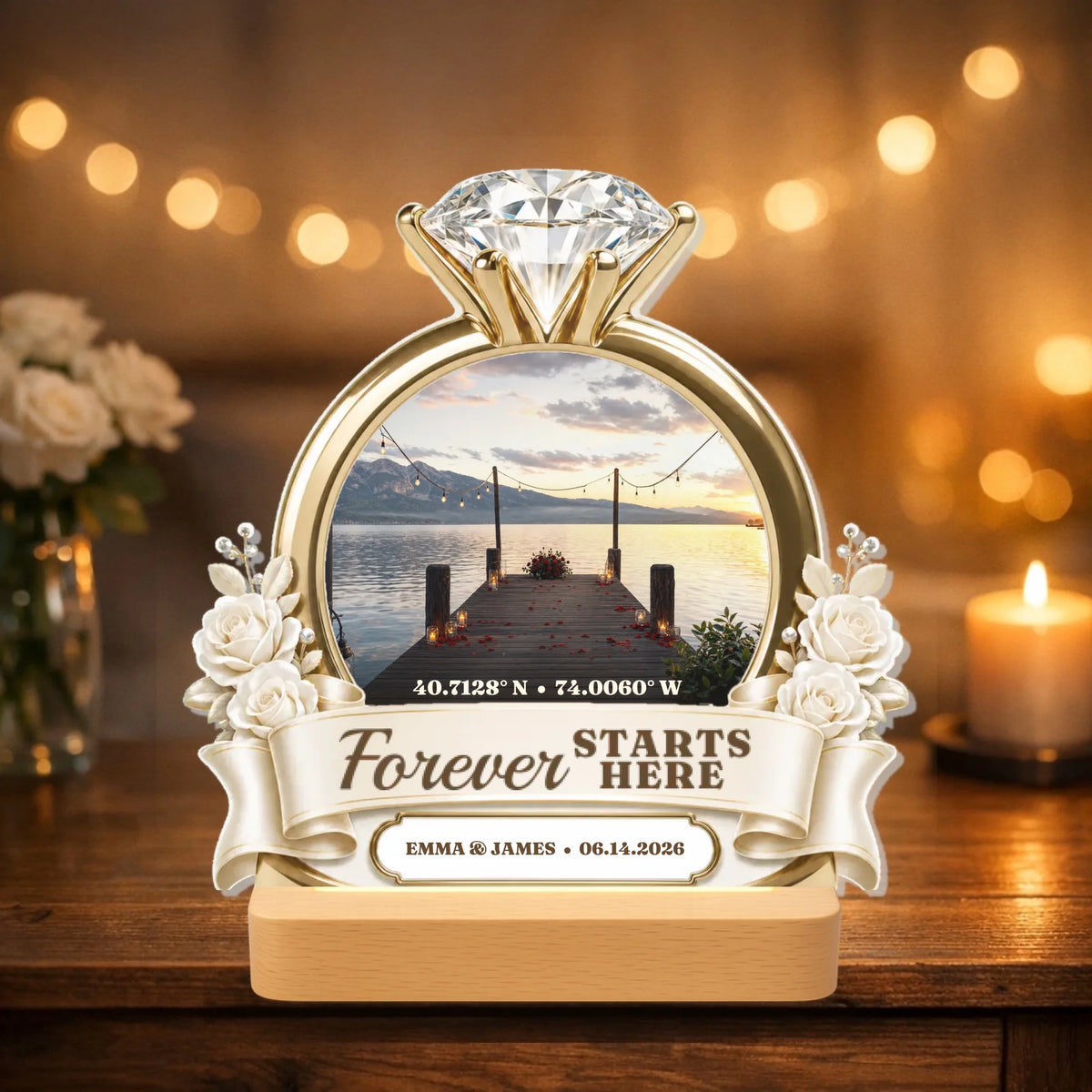 Personalized engagement night light with diamond ring design and proposal photo