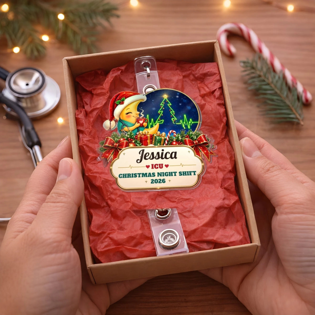 Personalized nurse badge reel in a gift box with tissue paper