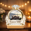 Engagement ring night light with proposal coordinates, names and date on wooden base