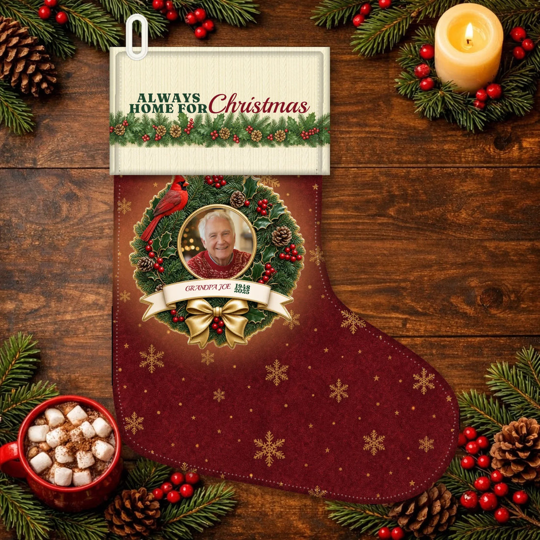 Personalized memorial Christmas stocking with photo in a cardinal wreath