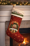 Memorial photo Christmas stocking hanging on a fireplace mantel