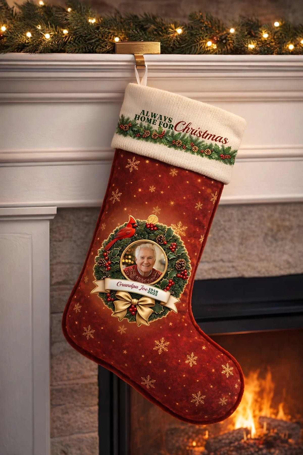 Memorial photo Christmas stocking hanging on a fireplace mantel