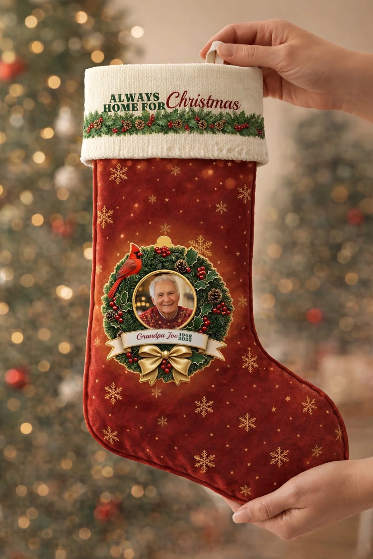 Hands holding a red memorial stocking with a photo wreath design