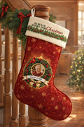 Personalized memorial stocking hanging on a stair banister at Christmas