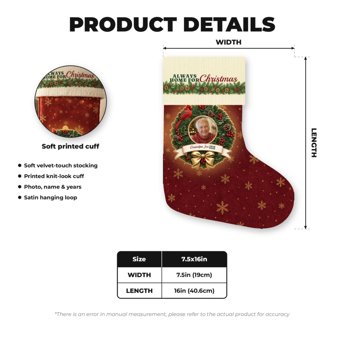 Memorial Christmas stocking size chart, 7.5 by 16 inches