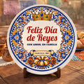 Three Kings Day family plate on a wooden stand at a festive table